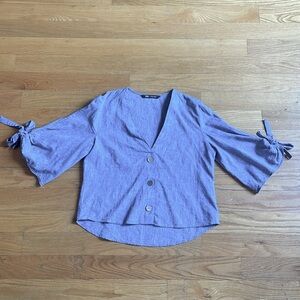 Zara Linen Blend Chambray Button Front V-Neck Flared Tie Sleeve Top